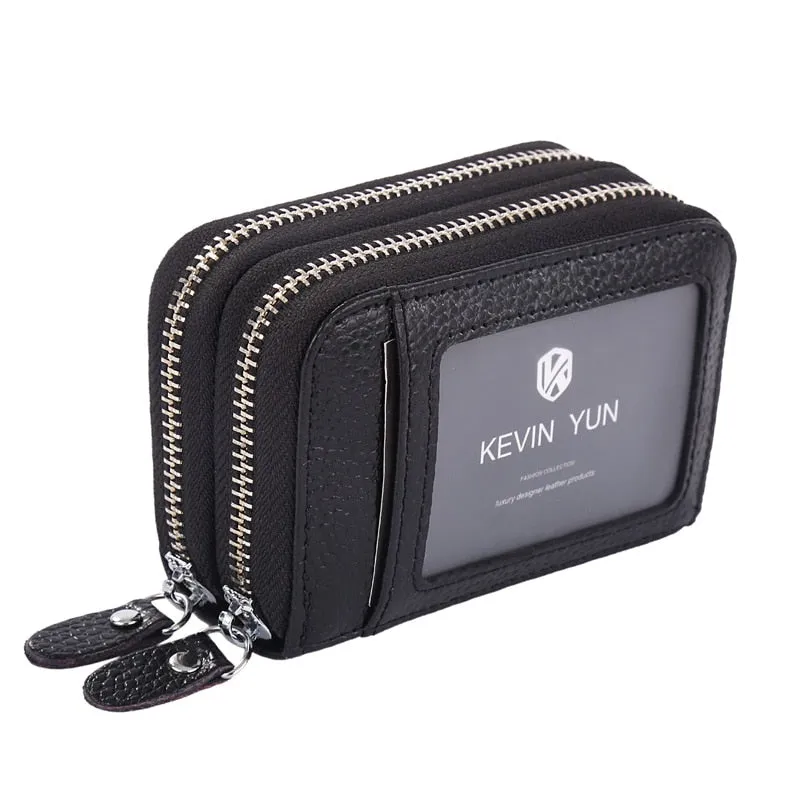 Realaiot Fashion Brand Women ID Card Holder Genuine Leather Double Zipper Ladies Credit Card Case Wallet Large Capacity