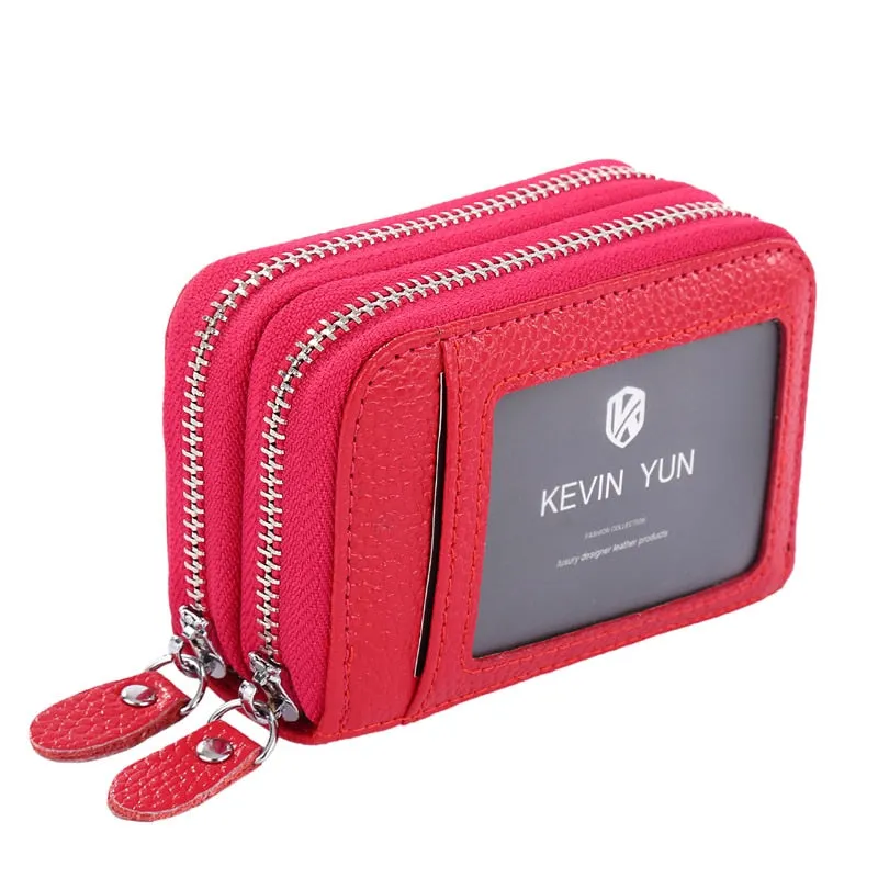 Realaiot Fashion Brand Women ID Card Holder Genuine Leather Double Zipper Ladies Credit Card Case Wallet Large Capacity