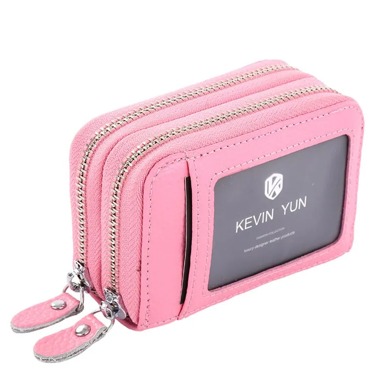 Realaiot Fashion Brand Women ID Card Holder Genuine Leather Double Zipper Ladies Credit Card Case Wallet Large Capacity