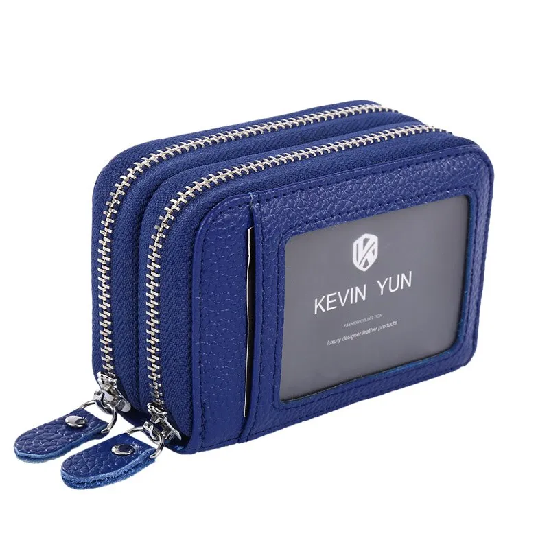 Realaiot Fashion Brand Women ID Card Holder Genuine Leather Double Zipper Ladies Credit Card Case Wallet Large Capacity