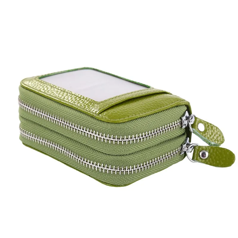 Realaiot Fashion Brand Women ID Card Holder Genuine Leather Double Zipper Ladies Credit Card Case Wallet Large Capacity
