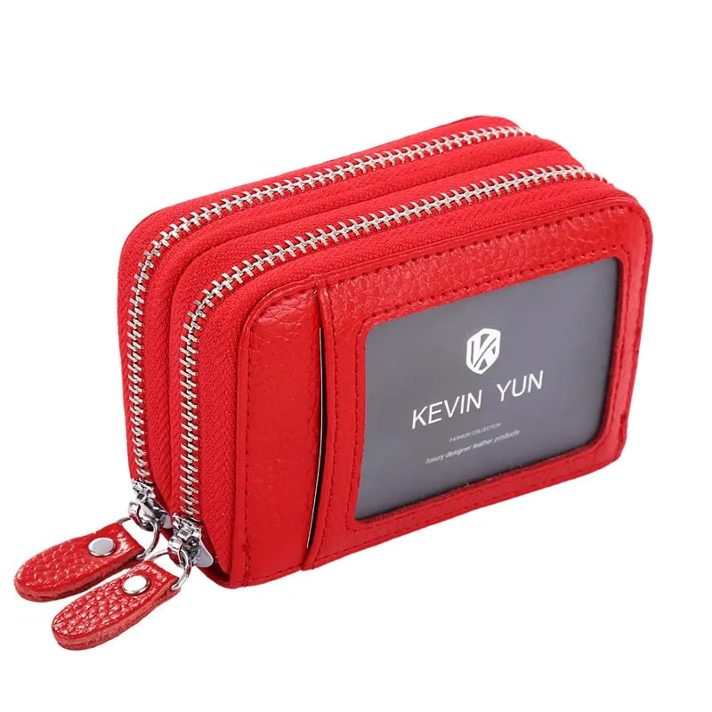 Realaiot Fashion Brand Women ID Card Holder Genuine Leather Double Zipper Ladies Credit Card Case Wallet Large Capacity