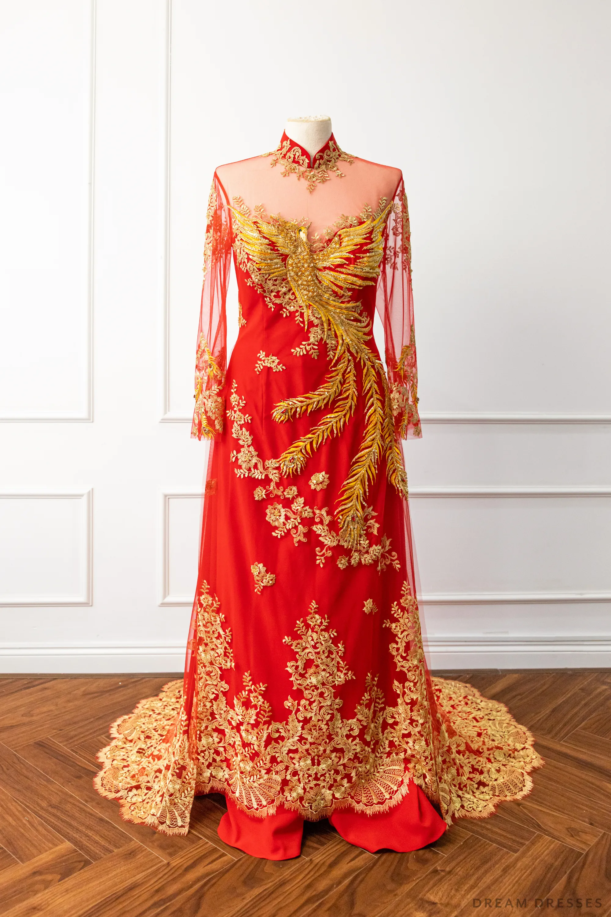 Red Bridal Ao Dai | Vietnamese Modern Bridal Dress with Phoenix Embroidery (#LYS)