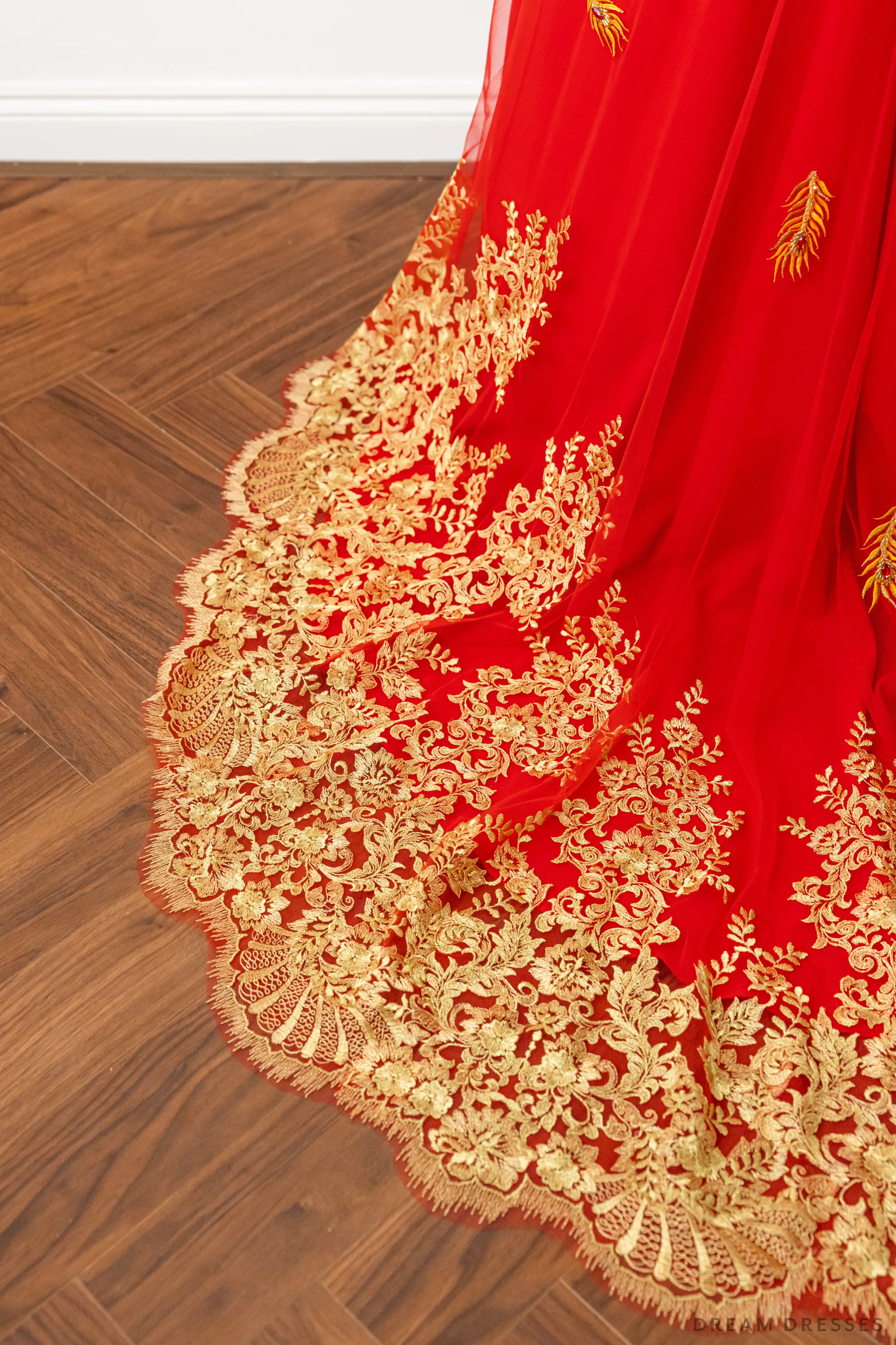 Red Bridal Ao Dai | Vietnamese Modern Bridal Dress with Phoenix Embroidery (#LYS)