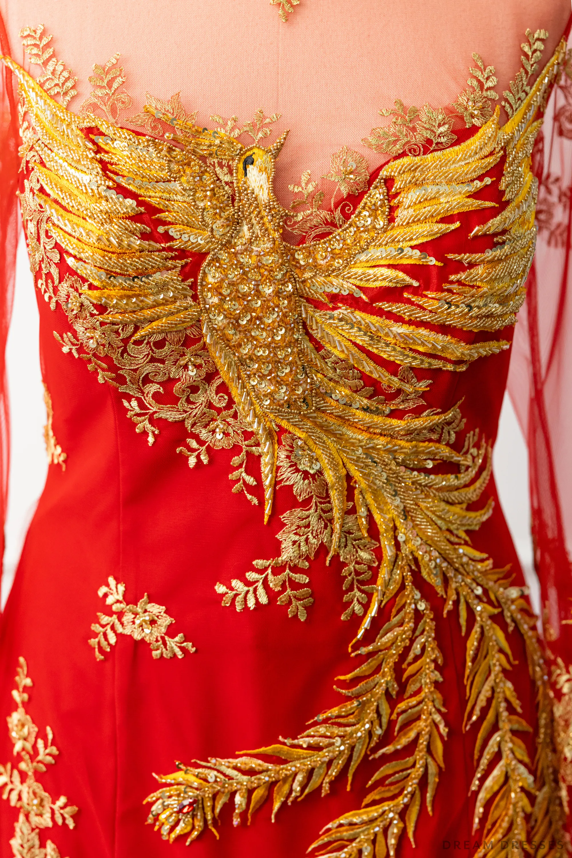 Red Bridal Ao Dai | Vietnamese Modern Bridal Dress with Phoenix Embroidery (#LYS)