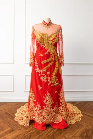 Red Bridal Ao Dai | Vietnamese Modern Bridal Dress with Phoenix Embroidery (#LYS)