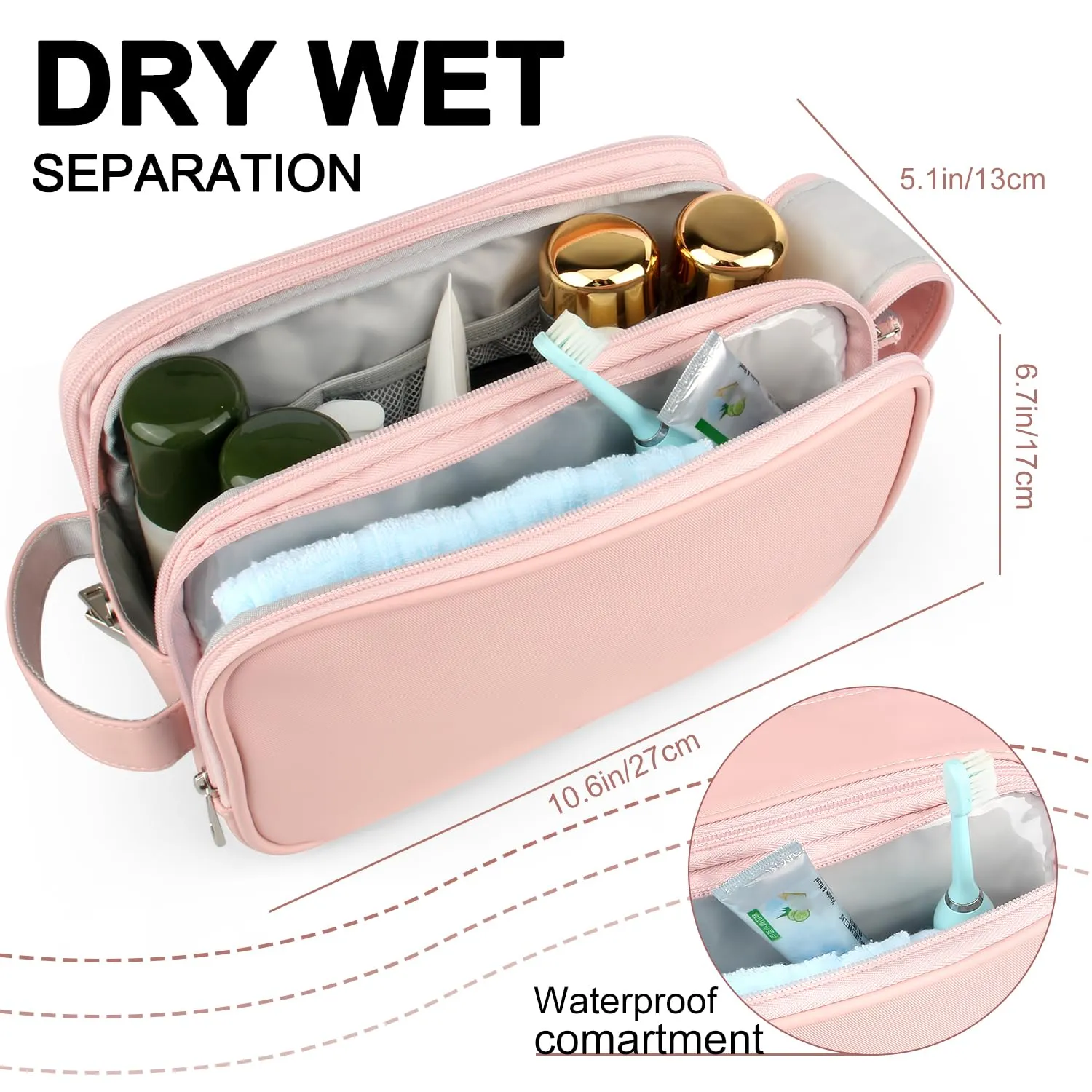 Rhea Rose Toiletry Bag for Women, Makeup Travel Bag Organizer, Large Bathroom Cosmetic bag, Traveling Dopp Kit Accessories Shower Bag, Pink