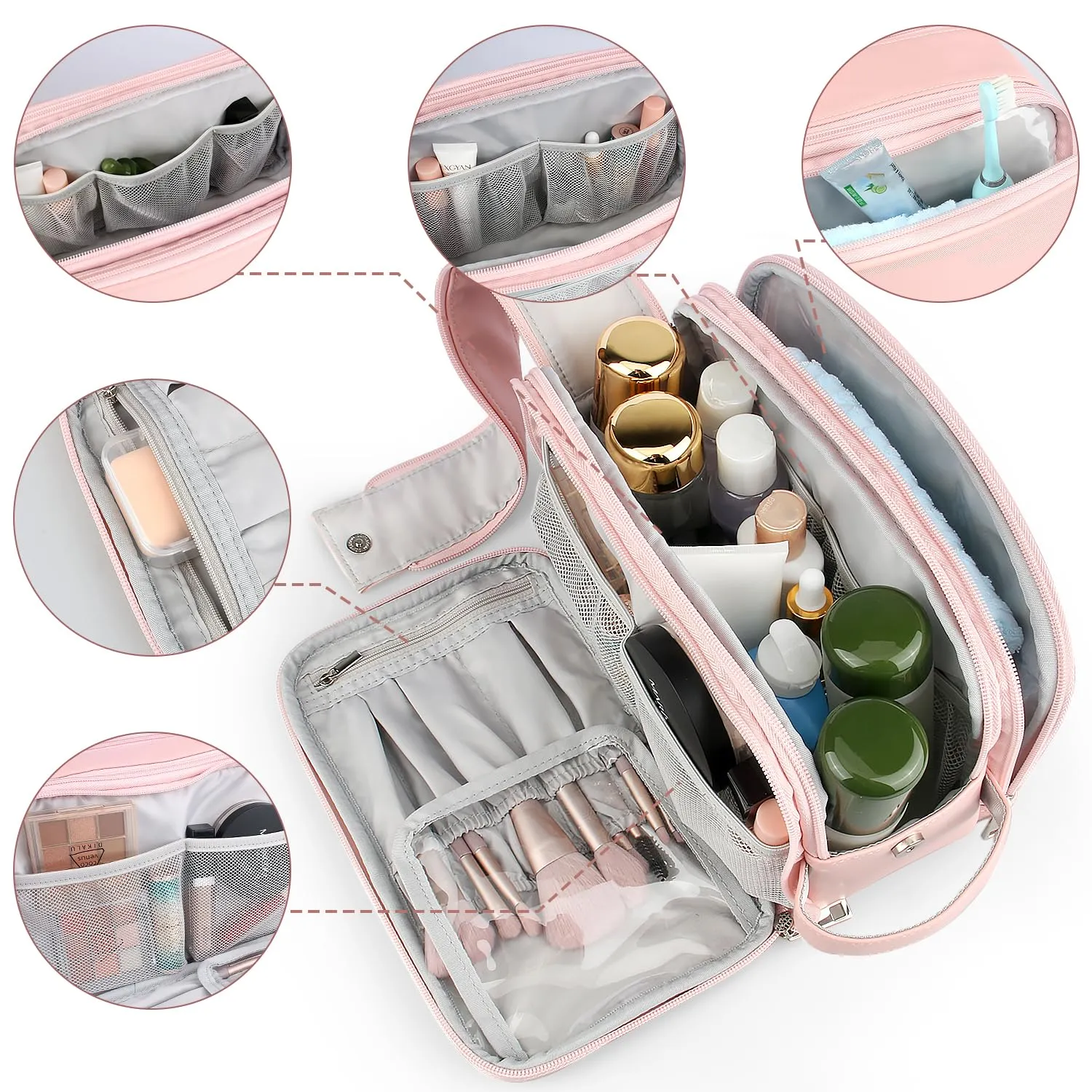 Rhea Rose Toiletry Bag for Women, Makeup Travel Bag Organizer, Large Bathroom Cosmetic bag, Traveling Dopp Kit Accessories Shower Bag, Pink