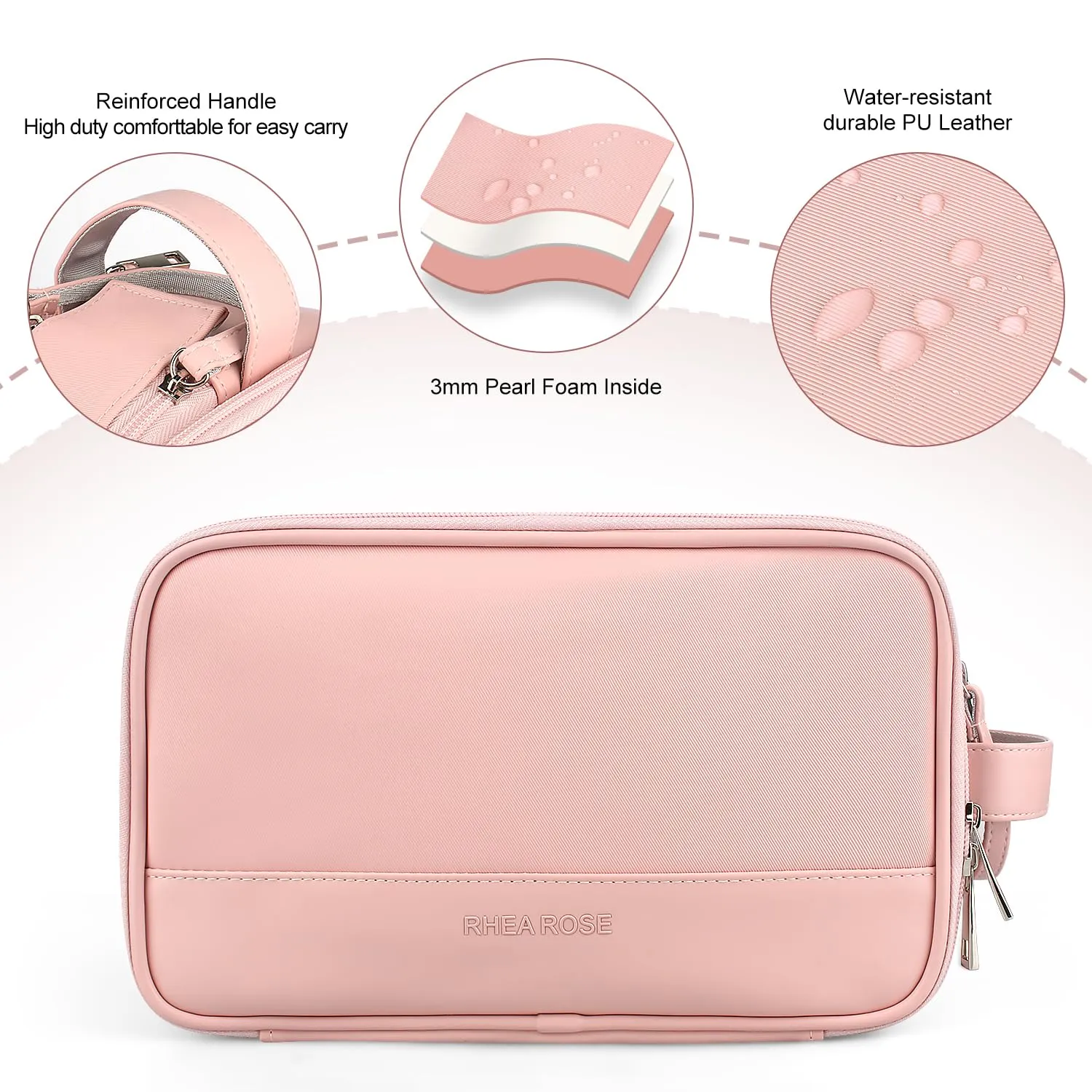 Rhea Rose Toiletry Bag for Women, Makeup Travel Bag Organizer, Large Bathroom Cosmetic bag, Traveling Dopp Kit Accessories Shower Bag, Pink