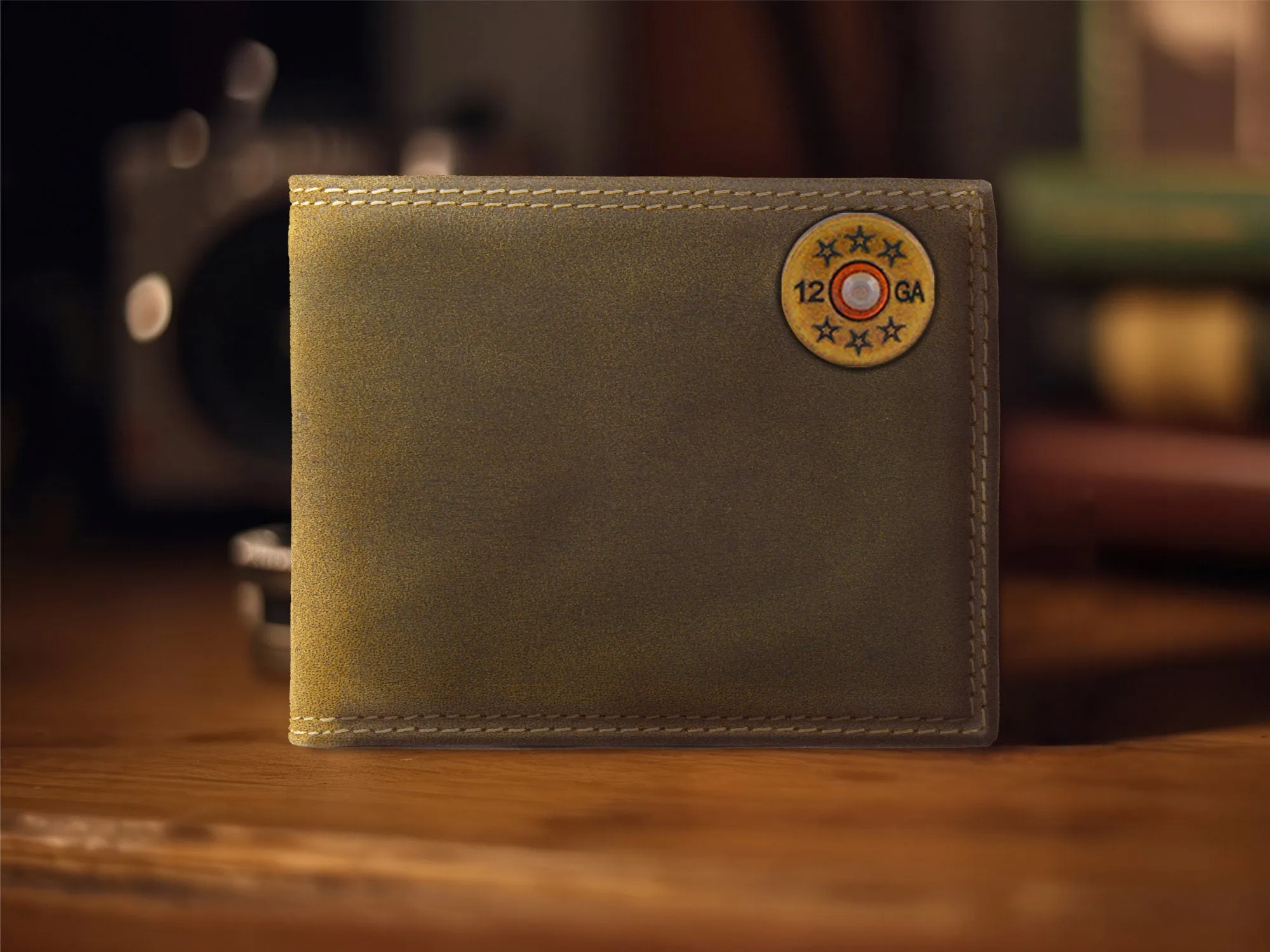 Shotshell Men's Bifold Leather Wallet. Vintage Tan Full Grain Leather With Antique Brass Logo