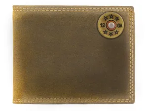 Shotshell Men's Bifold Leather Wallet. Vintage Tan Full Grain Leather With Antique Brass Logo