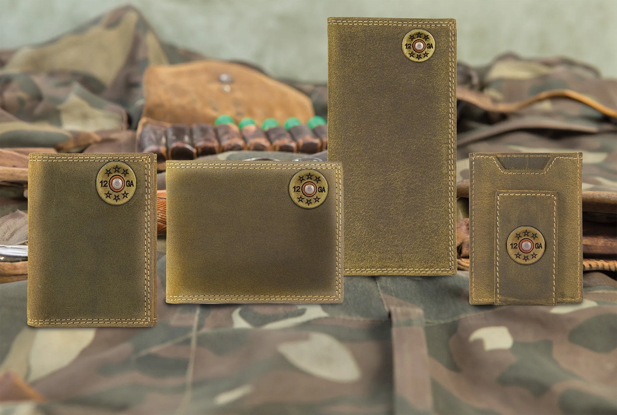 Shotshell Men's Bifold Leather Wallet. Vintage Tan Full Grain Leather With Antique Brass Logo