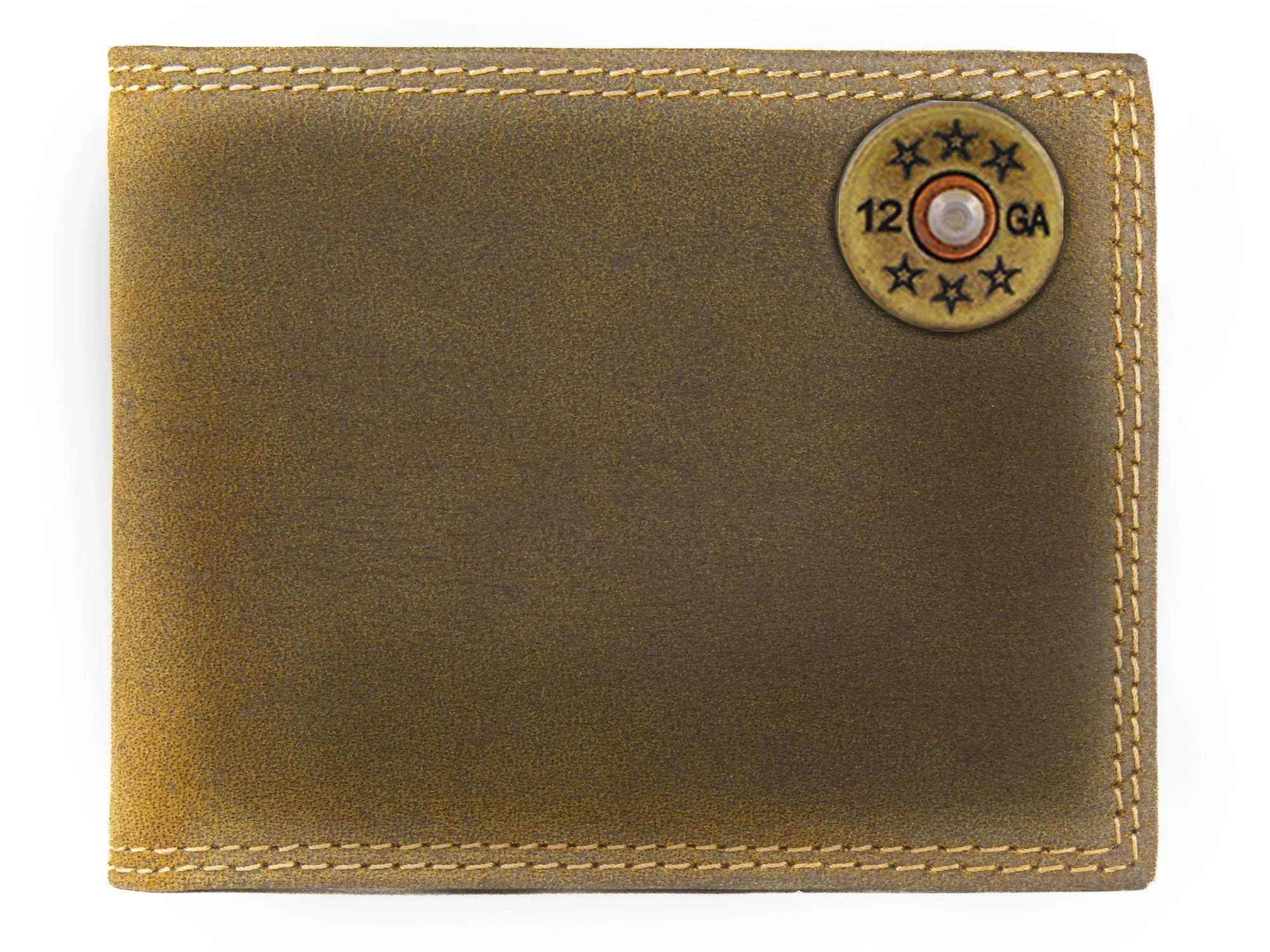 Shotshell Men's Bifold Leather Wallet. Vintage Tan Full Grain Leather With Antique Brass Logo