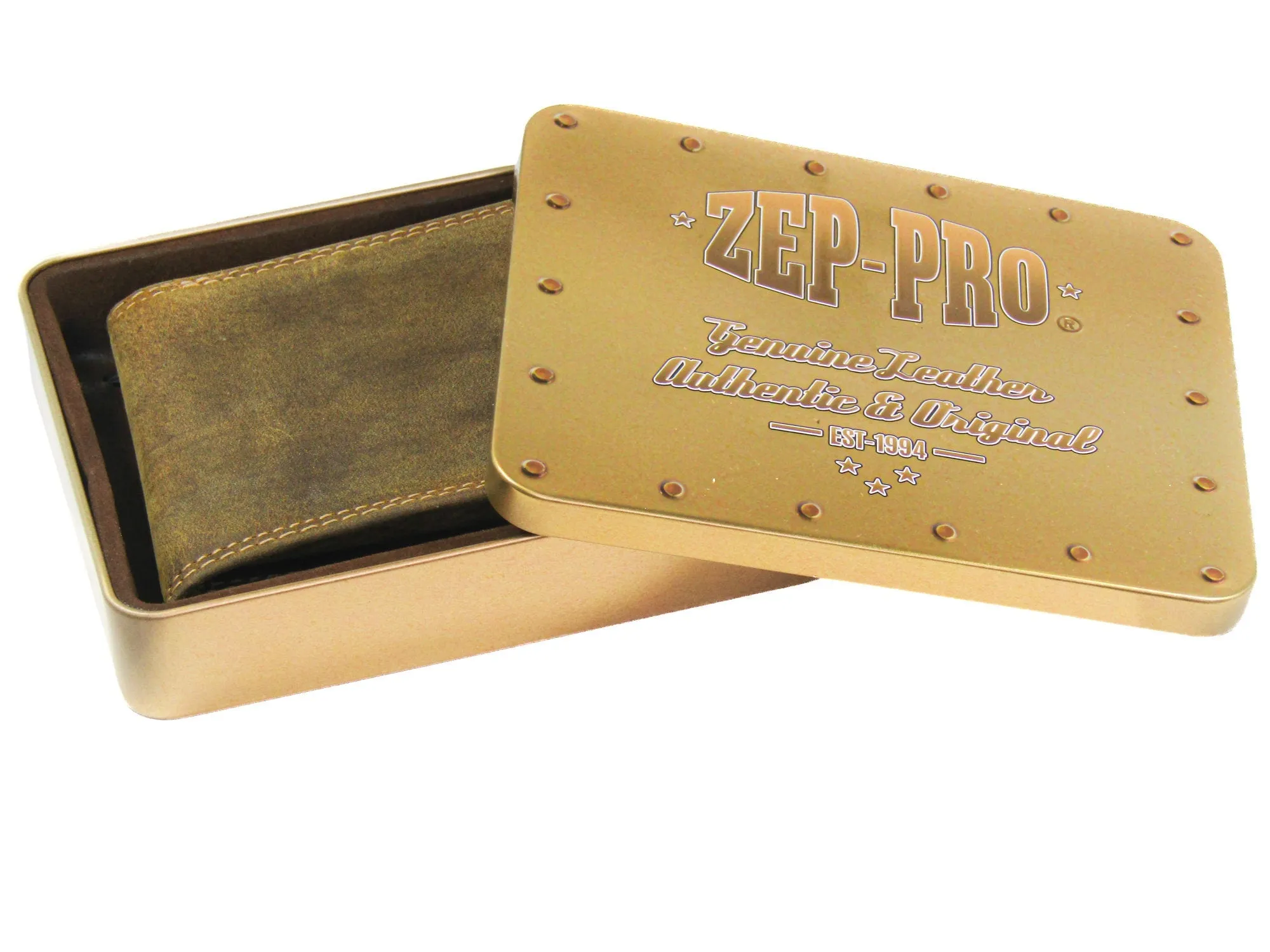 Shotshell Men's Bifold Leather Wallet. Vintage Tan Full Grain Leather With Antique Brass Logo