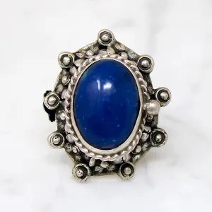 Silver Flower & Lapis Statement Ring with Hidden Compartment