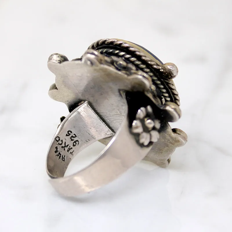 Silver Flower & Lapis Statement Ring with Hidden Compartment