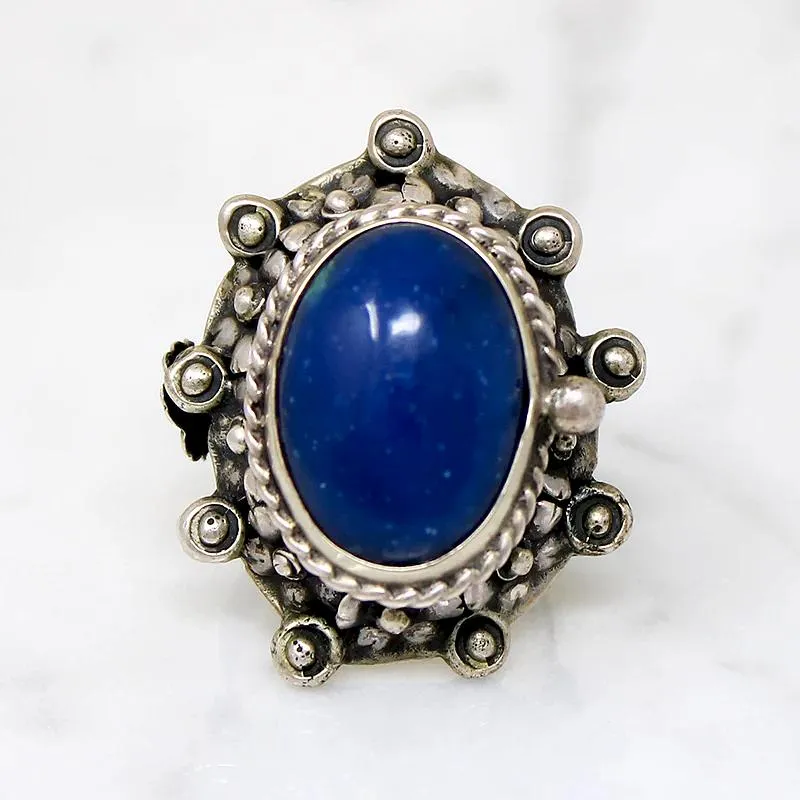 Silver Flower & Lapis Statement Ring with Hidden Compartment