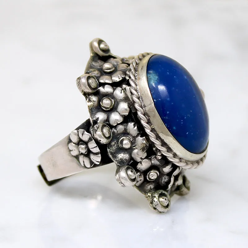 Silver Flower & Lapis Statement Ring with Hidden Compartment