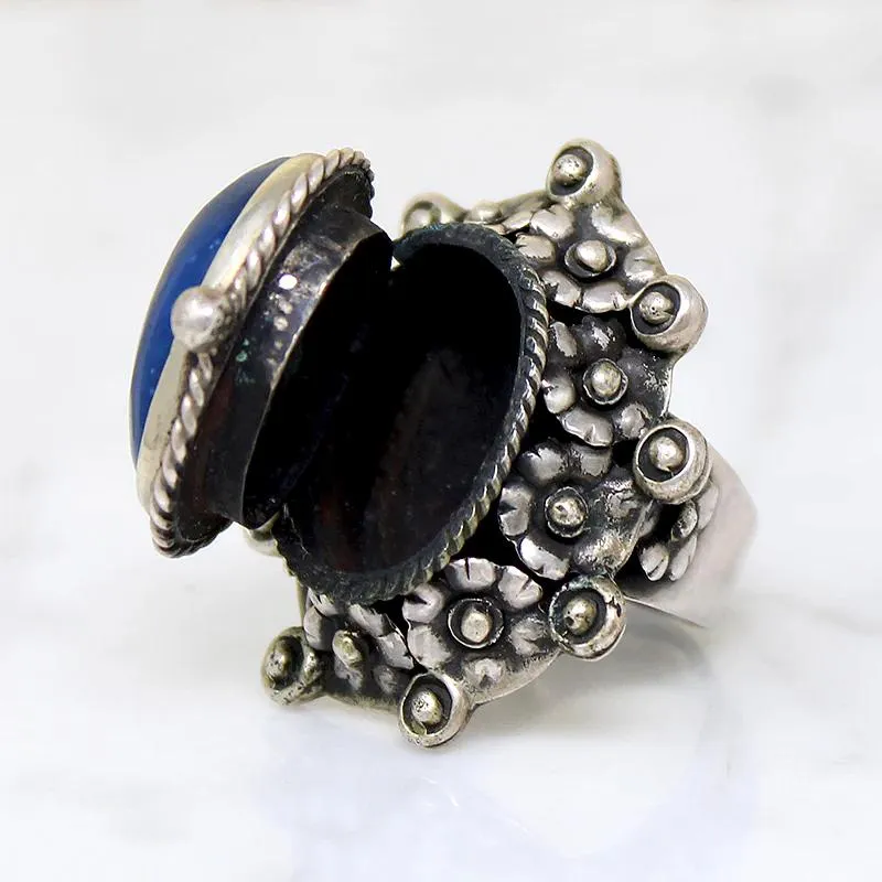Silver Flower & Lapis Statement Ring with Hidden Compartment