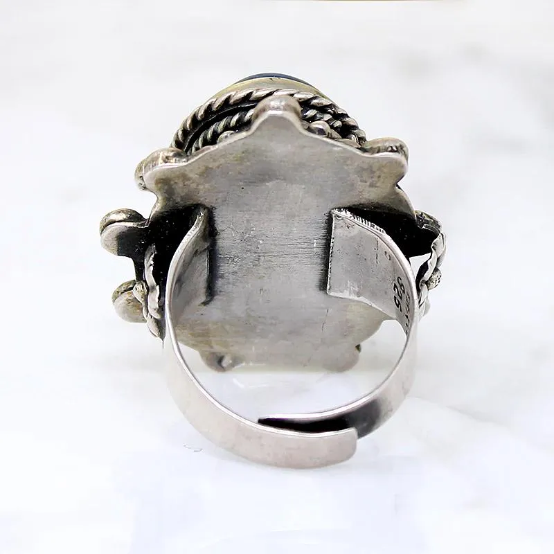 Silver Flower & Lapis Statement Ring with Hidden Compartment