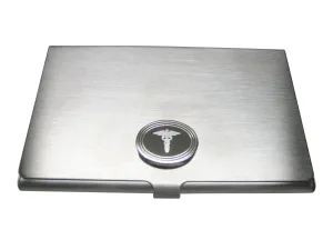 Silver Toned Etched Oval Caduceus Medical Symbol Business Card Holder