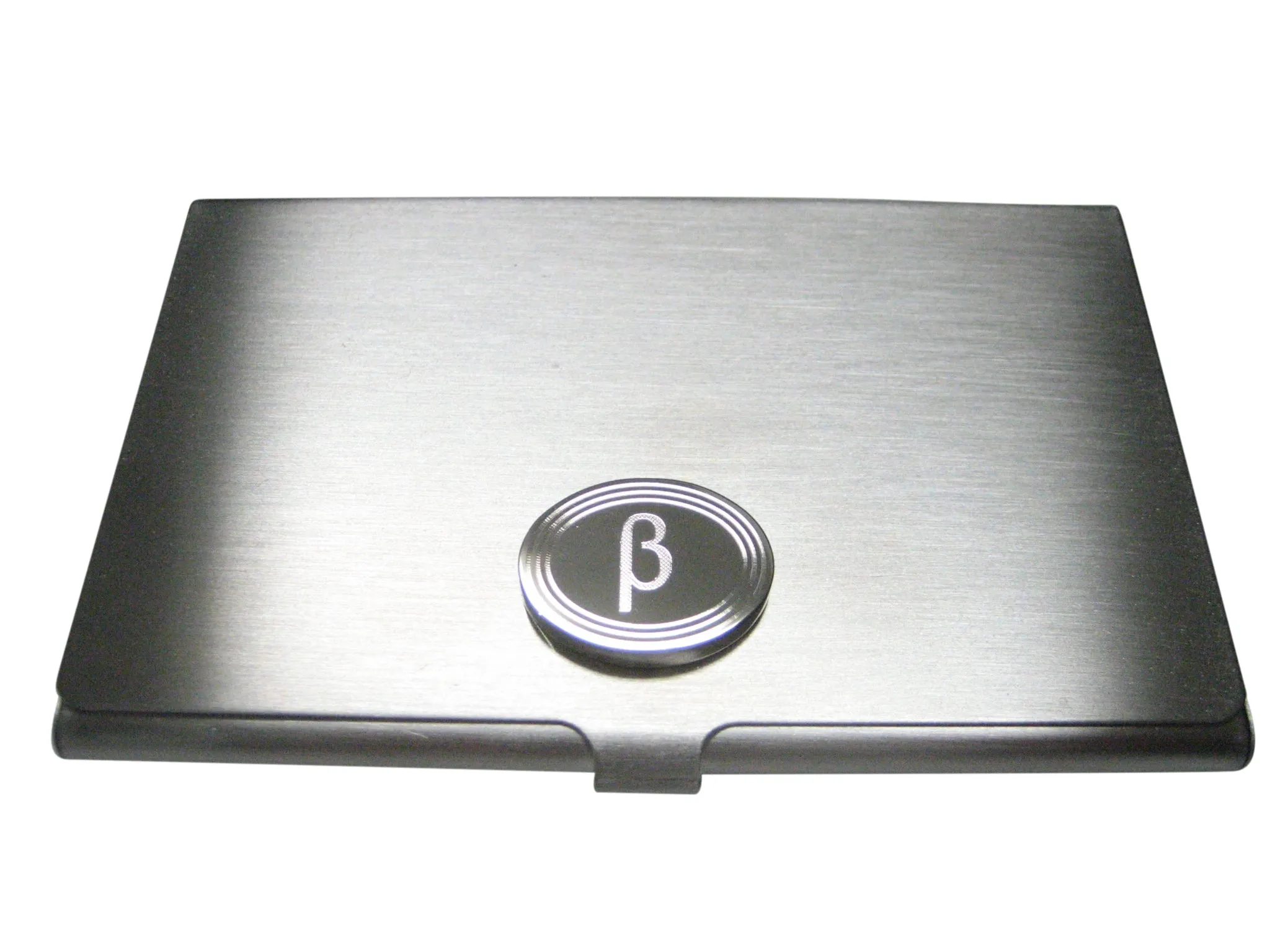 Silver Toned Etched Oval Greek Letter Beta Pendant Business Card Holder