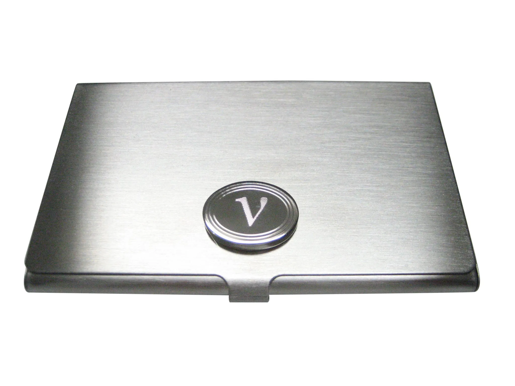 Silver Toned Etched Oval Greek Letter Nu Business Card Holder