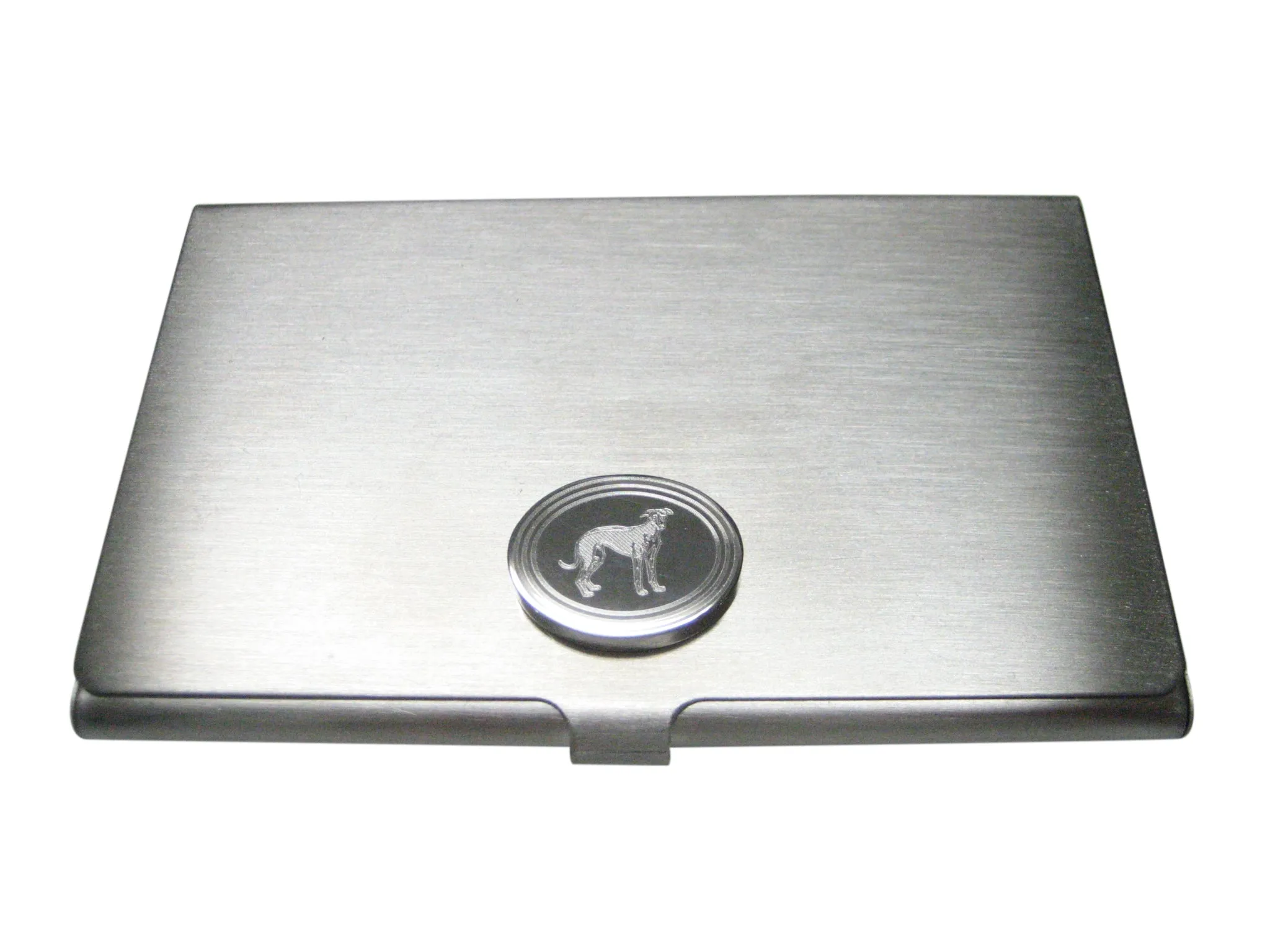 Silver Toned Etched Oval Hound Dog Business Card Holder