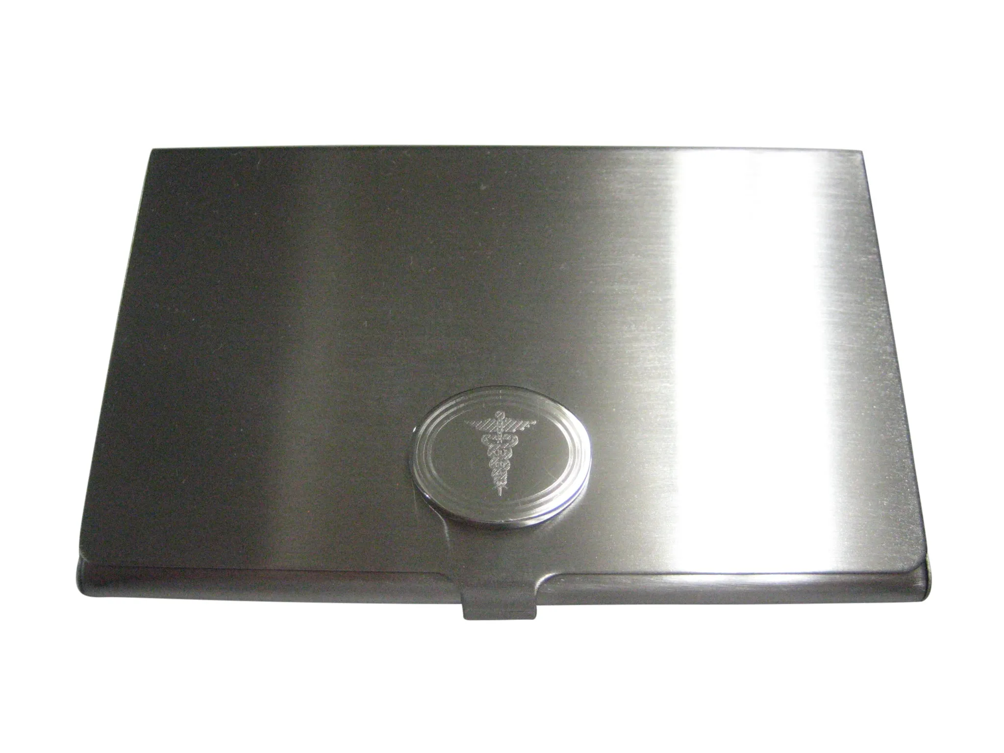 Silver Toned Etched Oval Medical Caduceus Symbol Business Card Holder