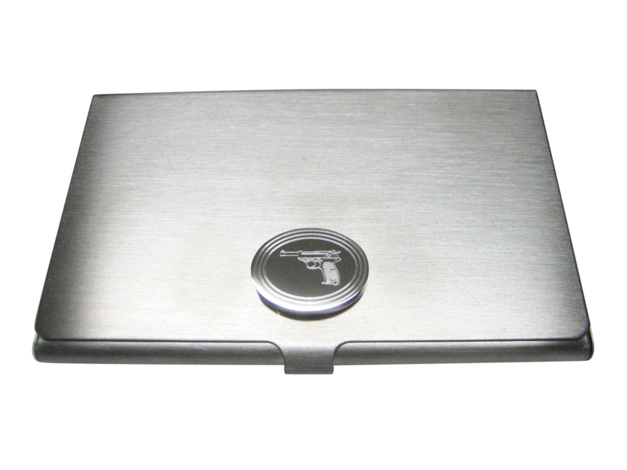 Silver Toned Etched Oval Retro Handgun Business Card Holder