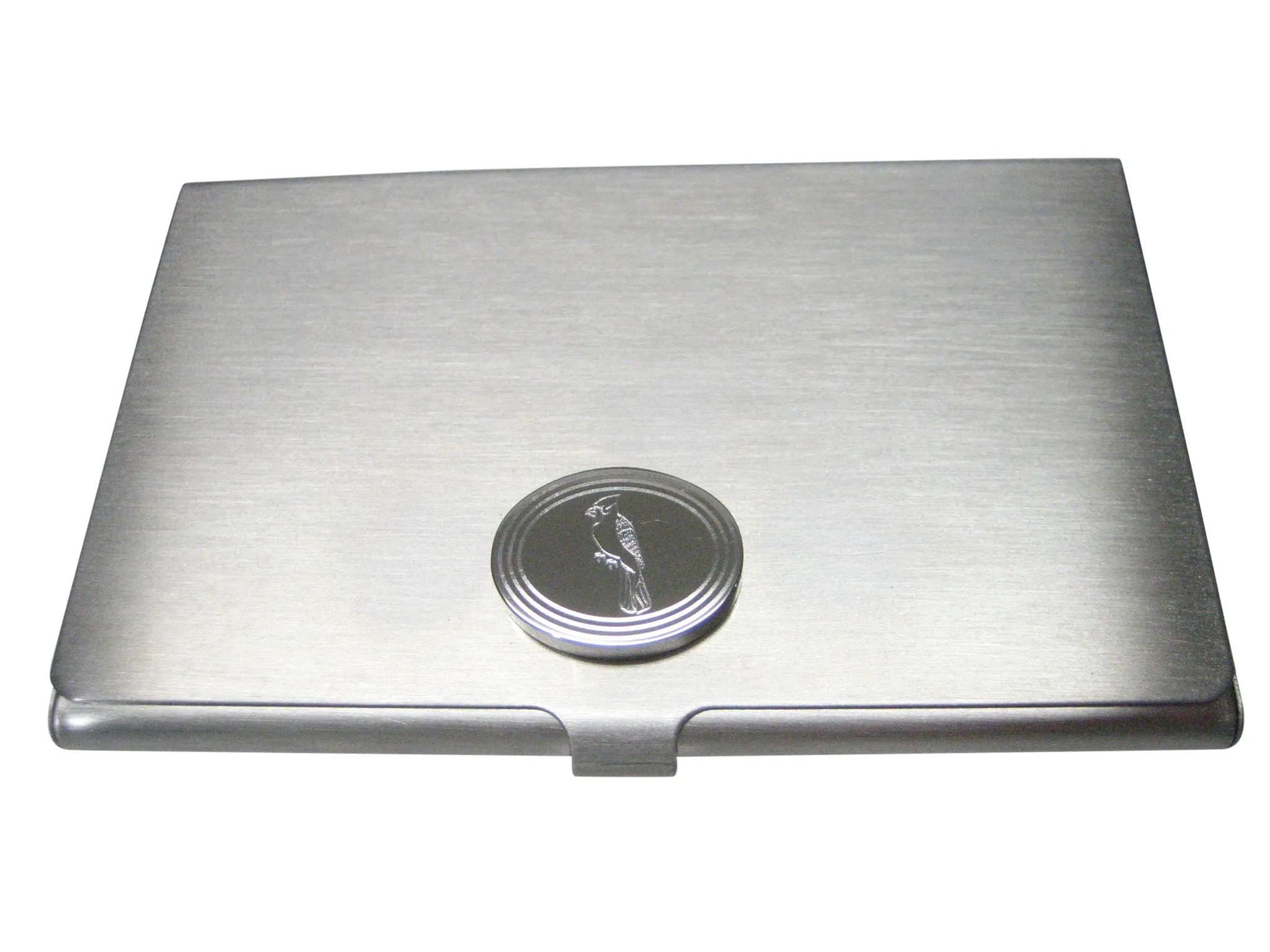 Silver Toned Oval Etched Blue Jay Bird Business Card Holder