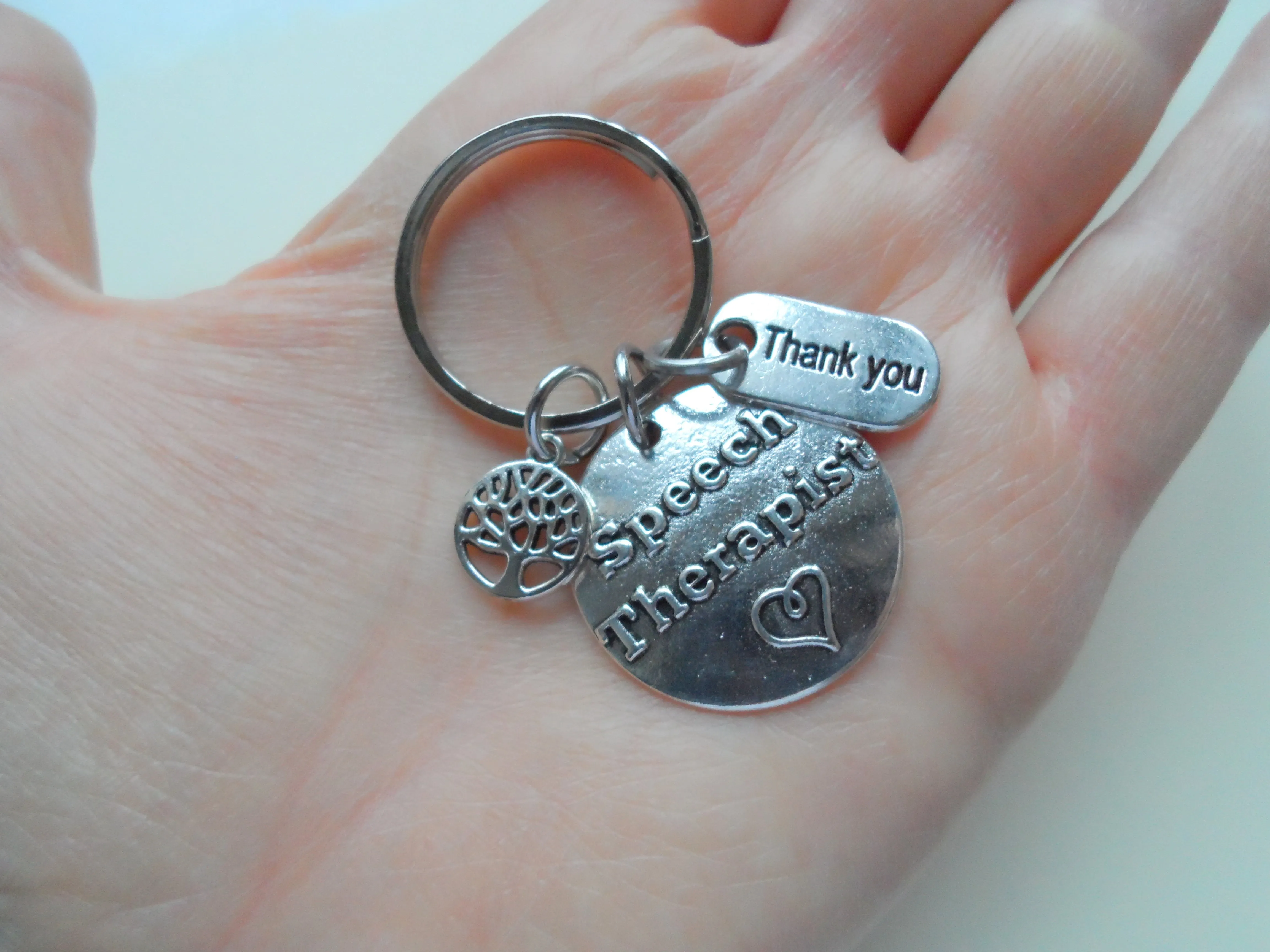 Speech Therapist Keychain with Small Tree, Speech Therapist Disc, and "Thank You" Tag w/ "Thanks for helping me grow" Card by JewelryEveryday