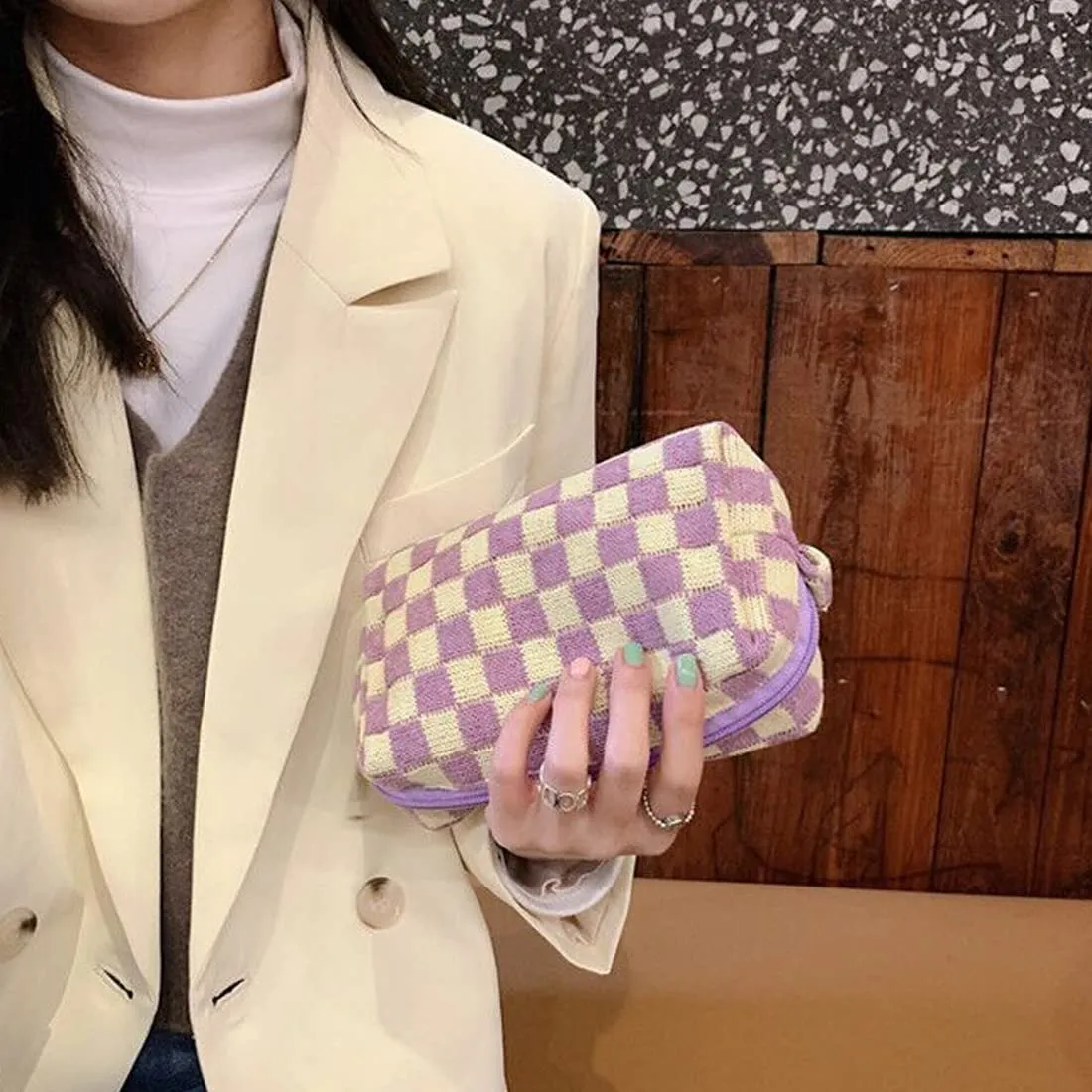 SxoSyo 2 Pcs Cosmetic Bags for Women Makeup Bag Purse Travel Toiletry Zipper Storage Pouch Make up Brushes Organizer for Gifts (Checkered, Purple 2)