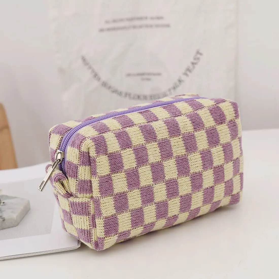 SxoSyo 2 Pcs Cosmetic Bags for Women Makeup Bag Purse Travel Toiletry Zipper Storage Pouch Make up Brushes Organizer for Gifts (Checkered, Purple 2)