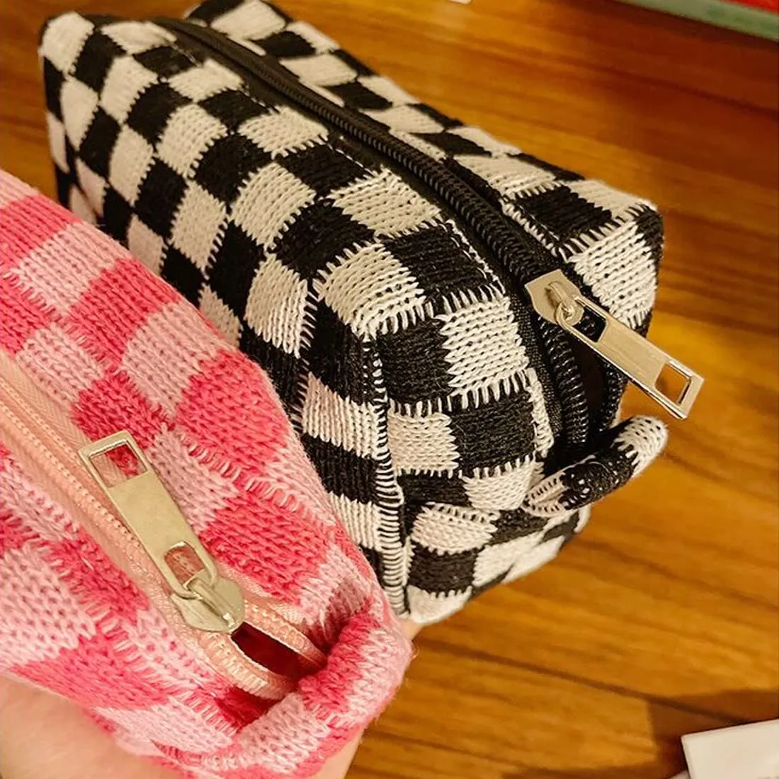 SxoSyo 2 Pcs Cosmetic Bags for Women Makeup Bag Purse Travel Toiletry Zipper Storage Pouch Make up Brushes Organizer for Gifts (Checkered, Purple 2)
