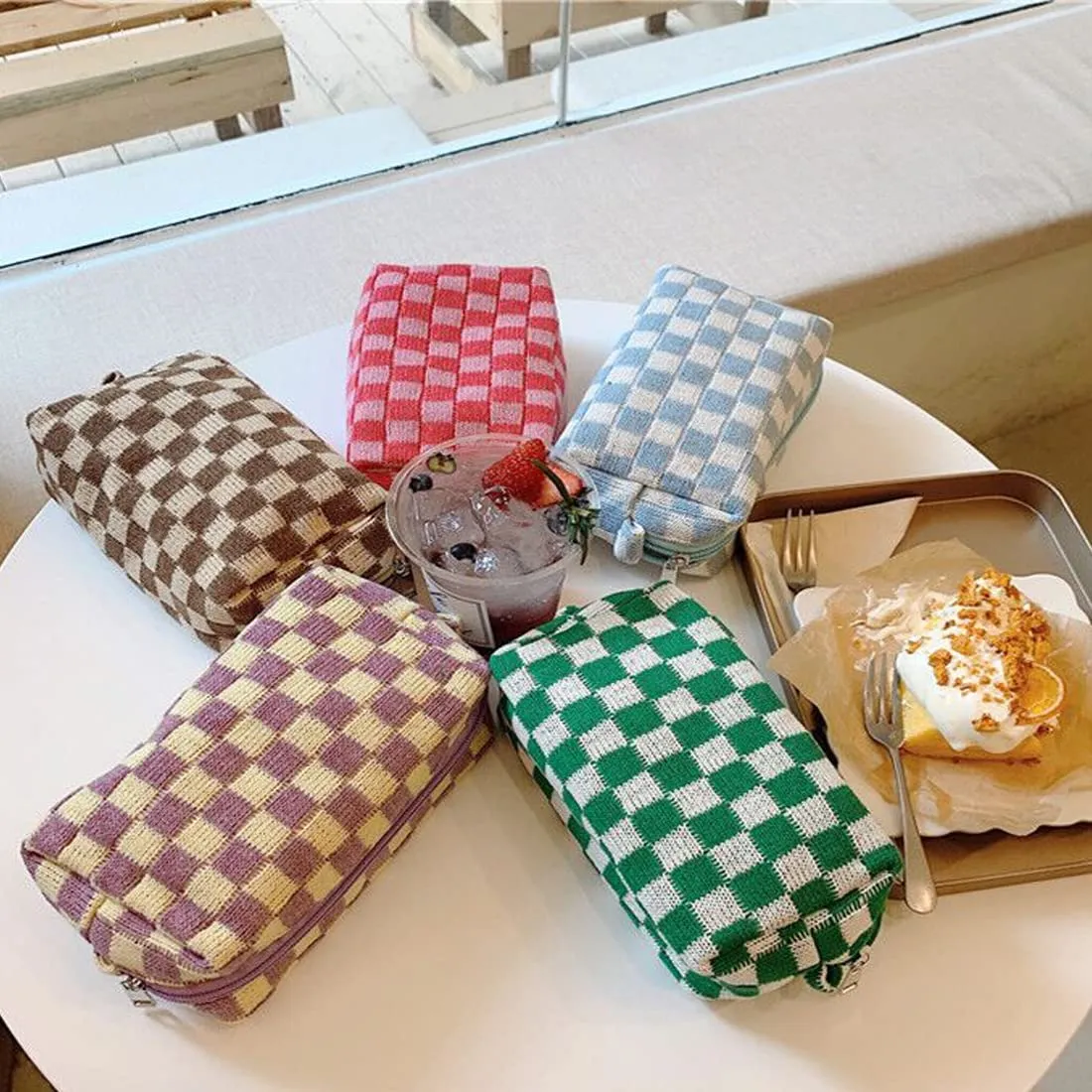 SxoSyo 2 Pcs Cosmetic Bags for Women Makeup Bag Purse Travel Toiletry Zipper Storage Pouch Make up Brushes Organizer for Gifts (Checkered, Purple 2)