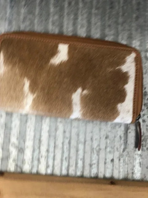 Tan Leather Tooled Hair on hide Wallet