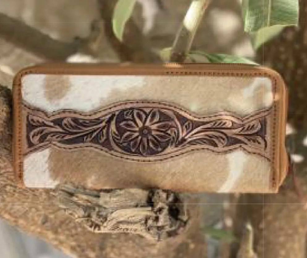 Tan Leather Tooled Hair on hide Wallet