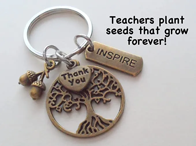 Teacher Keychain, Inspire Tag, Bronze Tree, Thank You & Seeds Charm - Teachers Plant Seeds That Grow Forever
