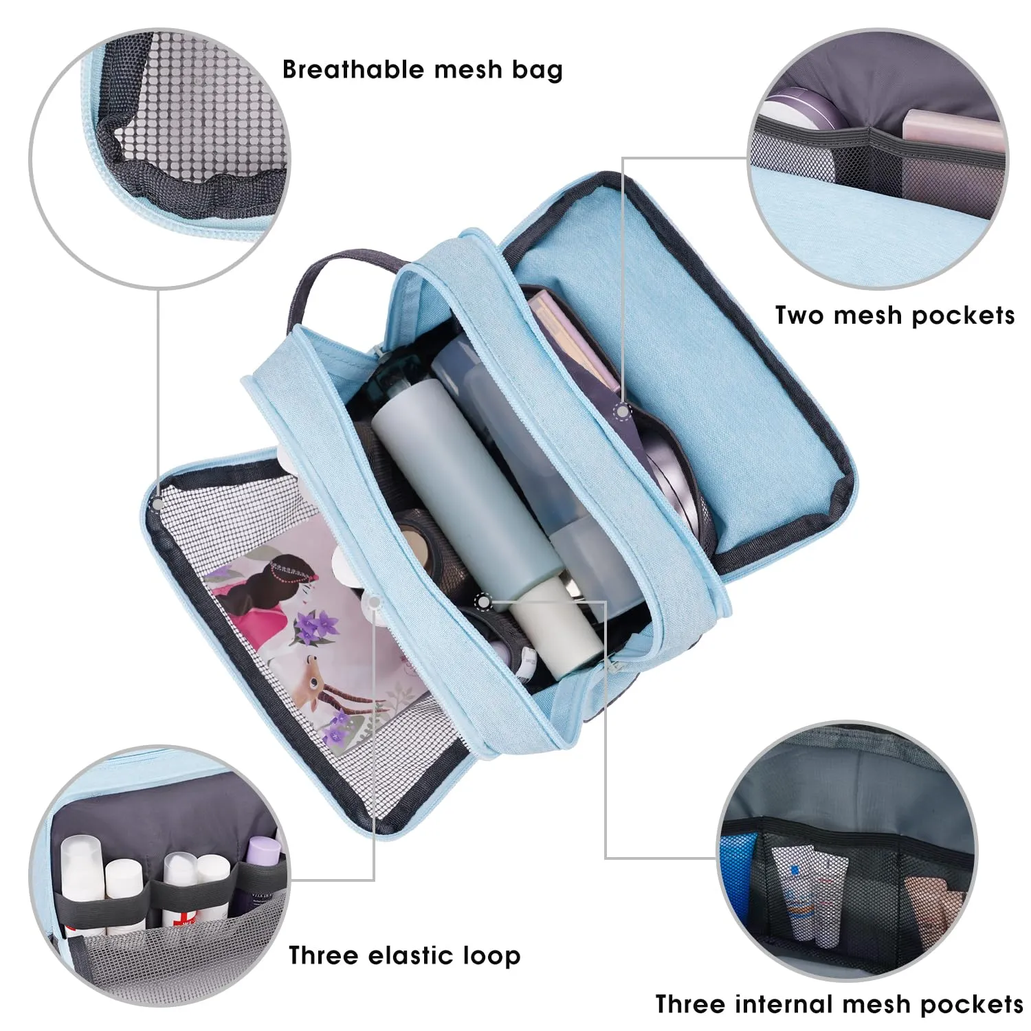 Toiletry Bag for Men Hanging Dopp Kit Water Resistant Shaving Bag Small Toiletry Bag for Traveling (mint green on gray)
