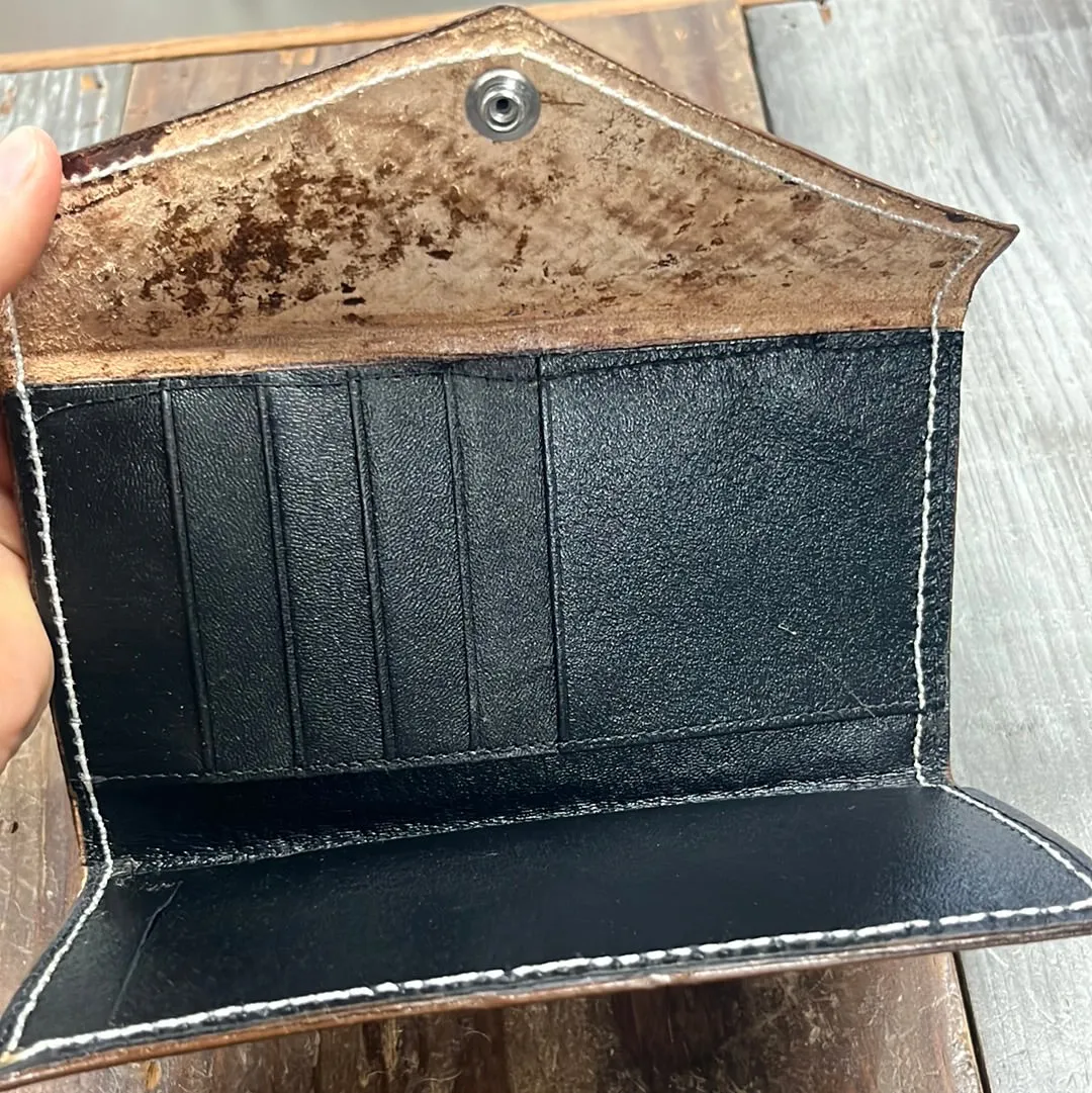 Tooled Leather Brown Basket Wallet