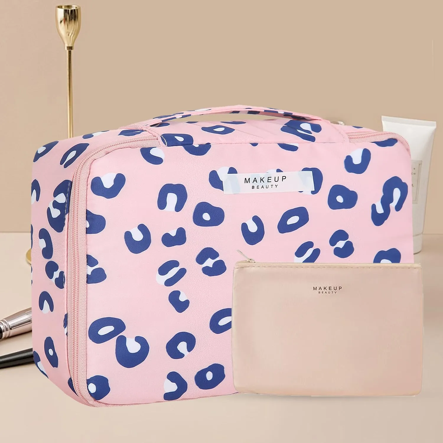 Travel Makeup Bag Cosmetic Bag Makeup Bag Toiletry bag for women and men (Pink Leopard)
