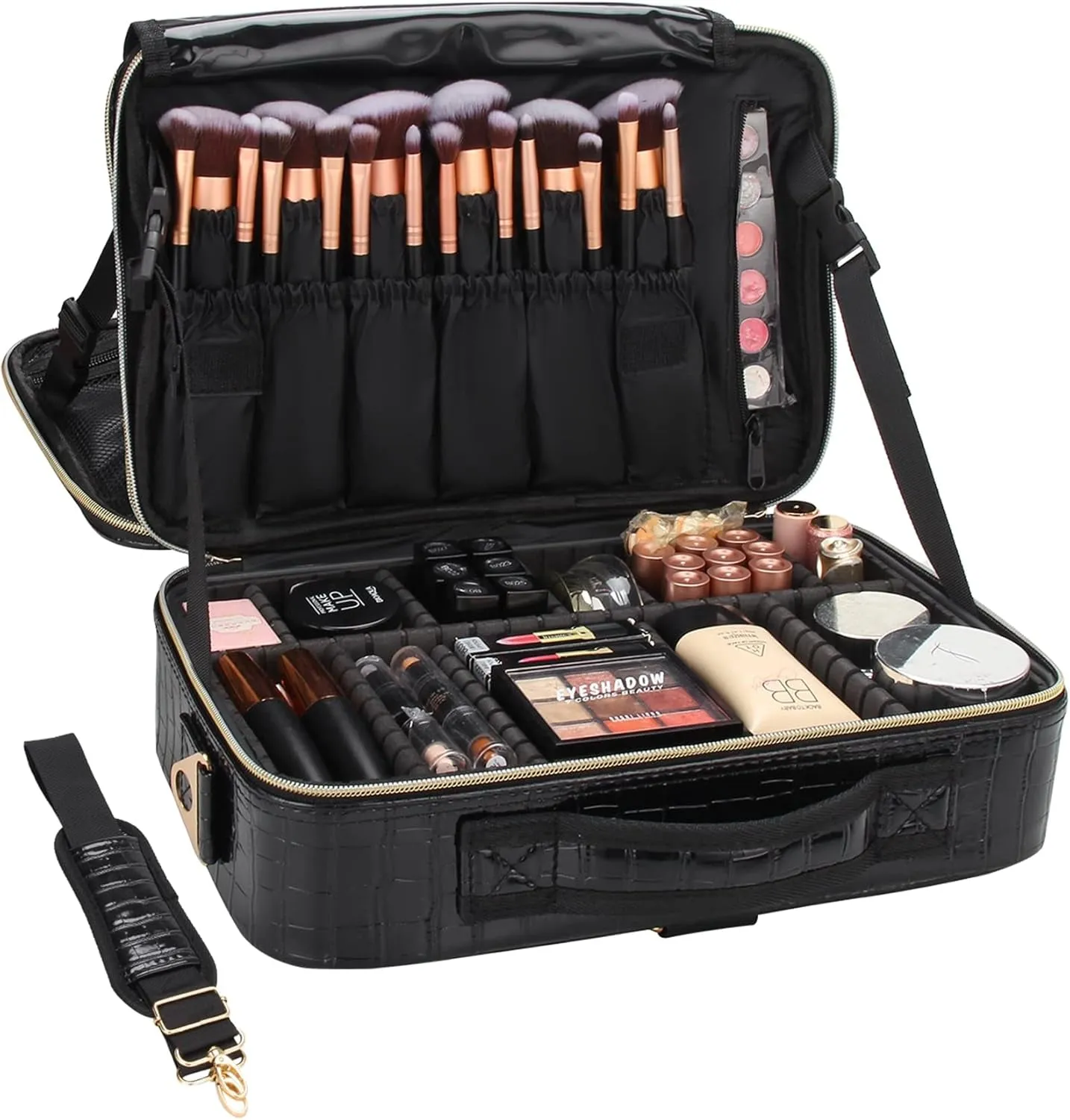 Travel Makeup Train Case Makeup Cosmetic Case Organizer Portable Artist Storage Bag with Adjustable Dividers for Cosmetics Makeup Brushes Toiletry Jewelry Digital Accessories Black