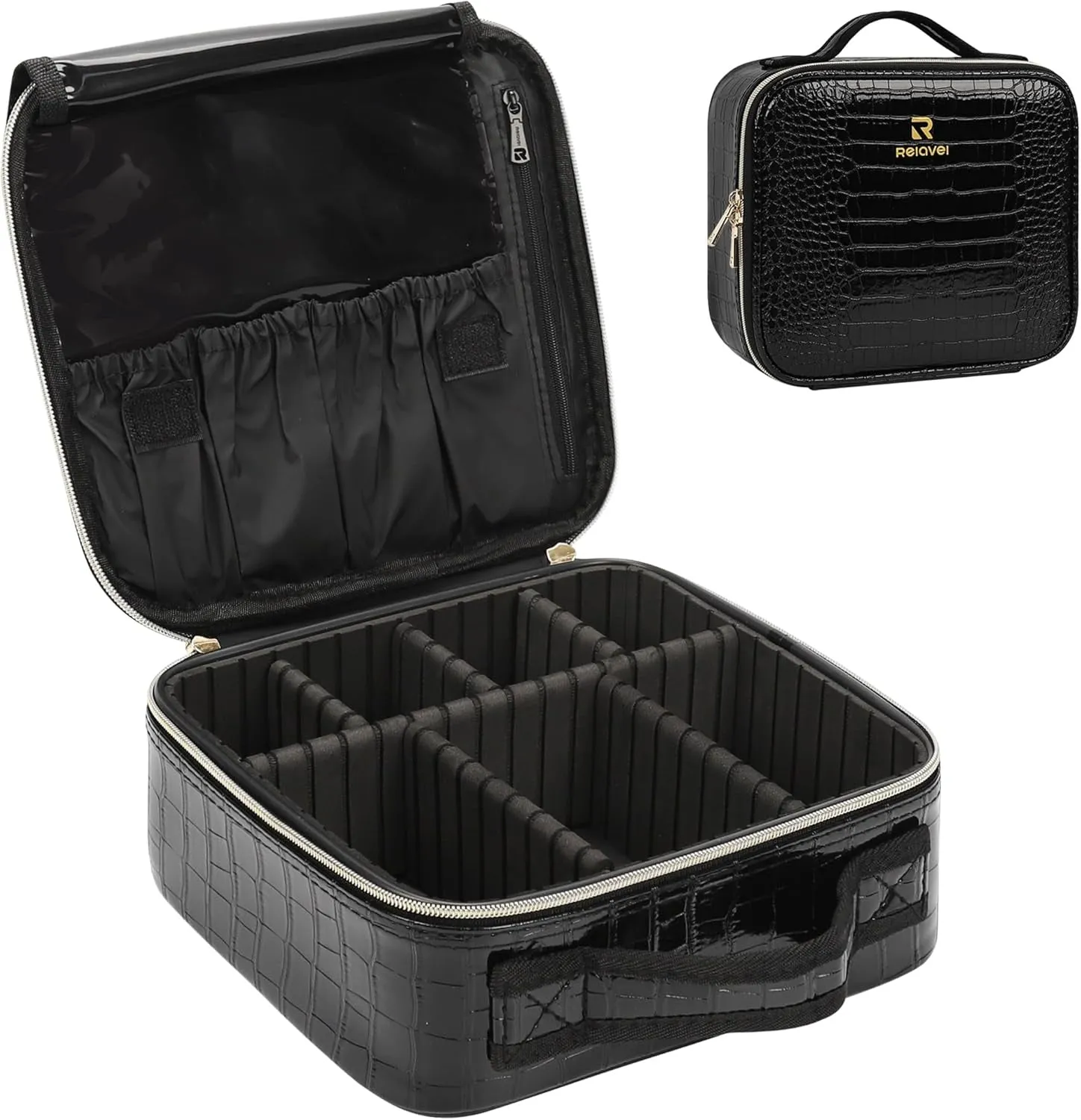 Travel Makeup Train Case Makeup Cosmetic Case Organizer Portable Artist Storage Bag with Adjustable Dividers for Cosmetics Makeup Brushes Toiletry Jewelry Digital Accessories Black