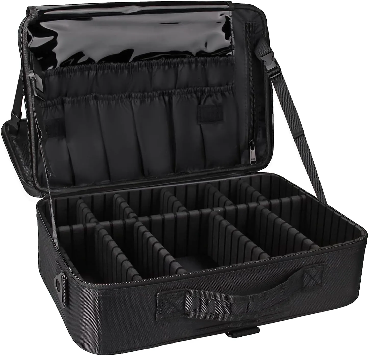 Travel Makeup Train Case Makeup Cosmetic Case Organizer Portable Artist Storage Bag with Adjustable Dividers for Cosmetics Makeup Brushes Toiletry Jewelry Digital Accessories Black