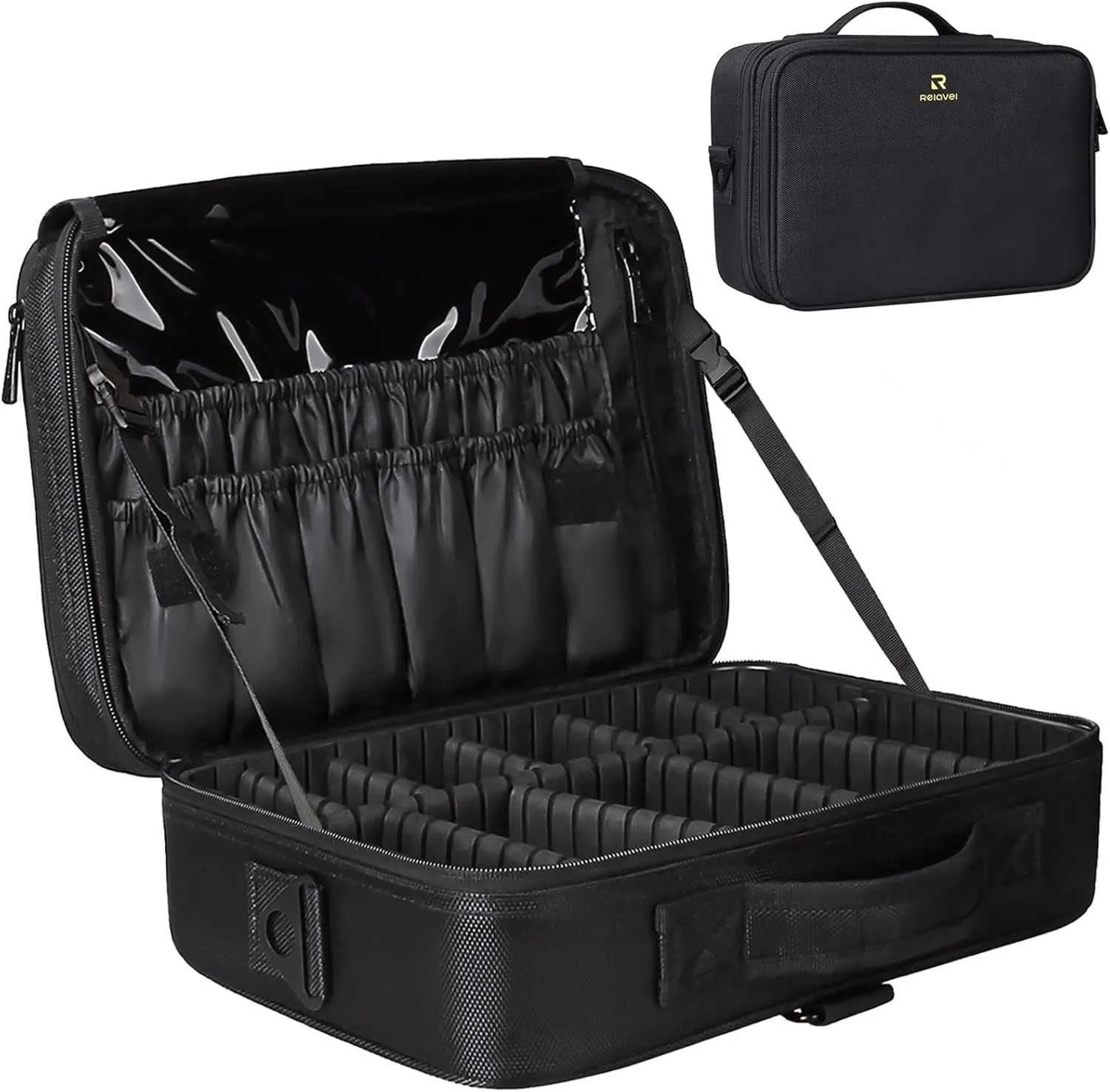 Travel Makeup Train Case Makeup Cosmetic Case Organizer Portable Artist Storage Bag with Adjustable Dividers for Cosmetics Makeup Brushes Toiletry Jewelry Digital Accessories Black
