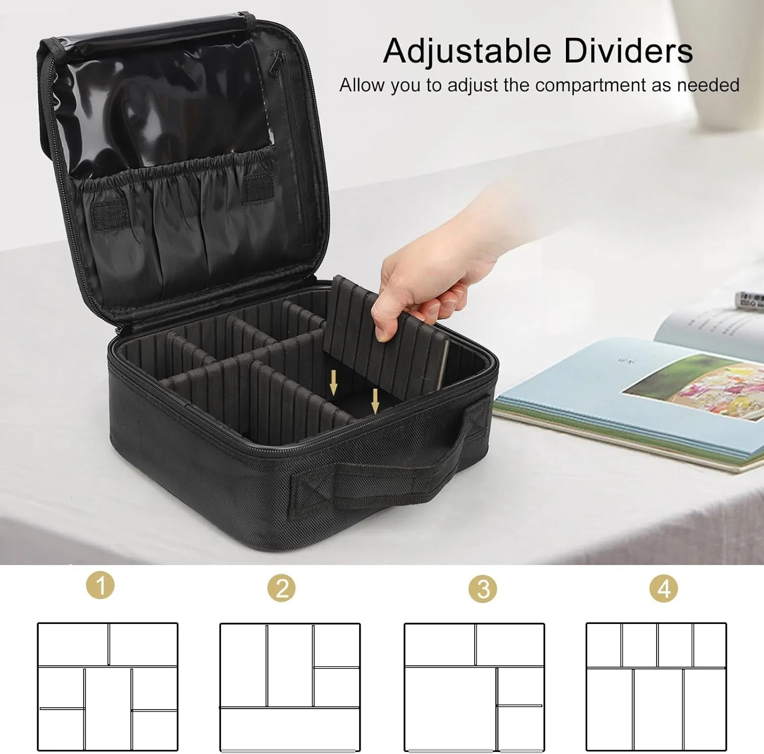 Travel Makeup Train Case Makeup Cosmetic Case Organizer Portable Artist Storage Bag with Adjustable Dividers for Cosmetics Makeup Brushes Toiletry Jewelry Digital Accessories Black