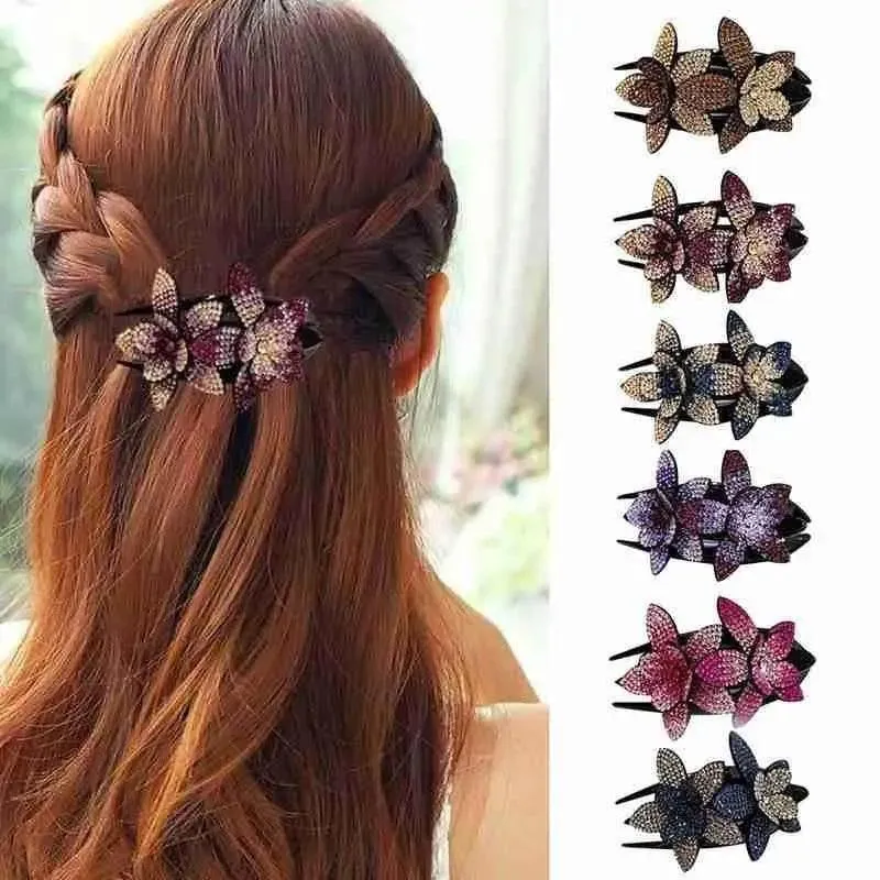 Trendy Rhinestone Double Flower Hair Clip Elegant Crystal Hair Combs Non-slip Comb Rhinestone Hairpins Pearls Design Women Hair Clips Rhinestone Floral Hair Clips For Women