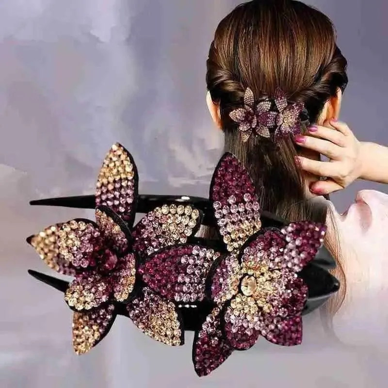Trendy Rhinestone Double Flower Hair Clip Elegant Crystal Hair Combs Non-slip Comb Rhinestone Hairpins Pearls Design Women Hair Clips Rhinestone Floral Hair Clips For Women