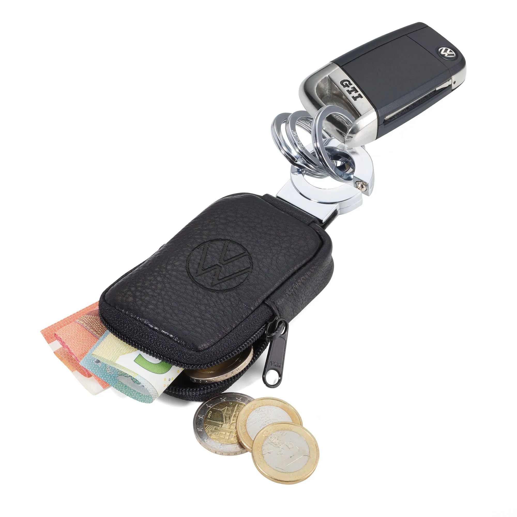TROIKA Key-Click Keyring with VW Logo Leather Pouch for Coins or Face Mask